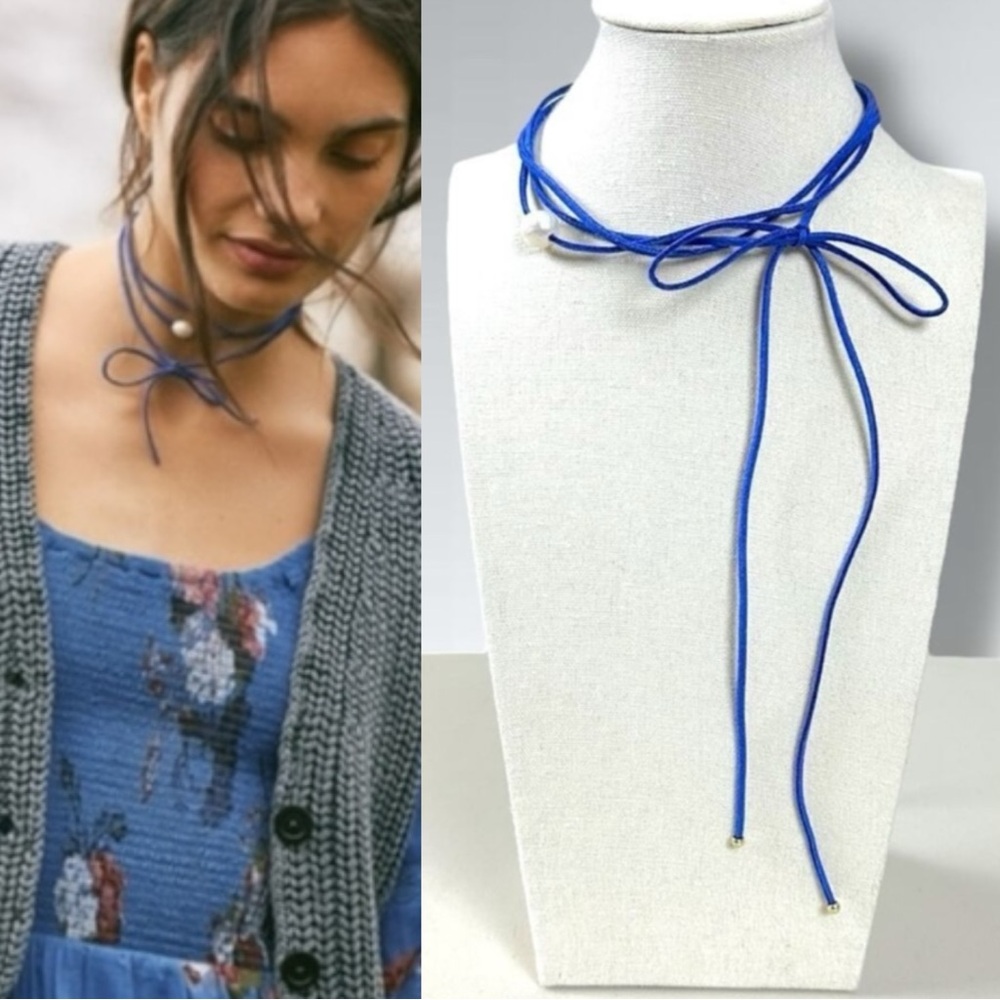 Free People Royal Blue Wrap Choker Necklace with Pearl Accent